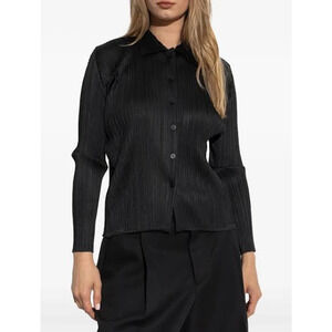 Pleats Please By Issey Miyake Textured Plisse Button Down Shirt Black Women's L